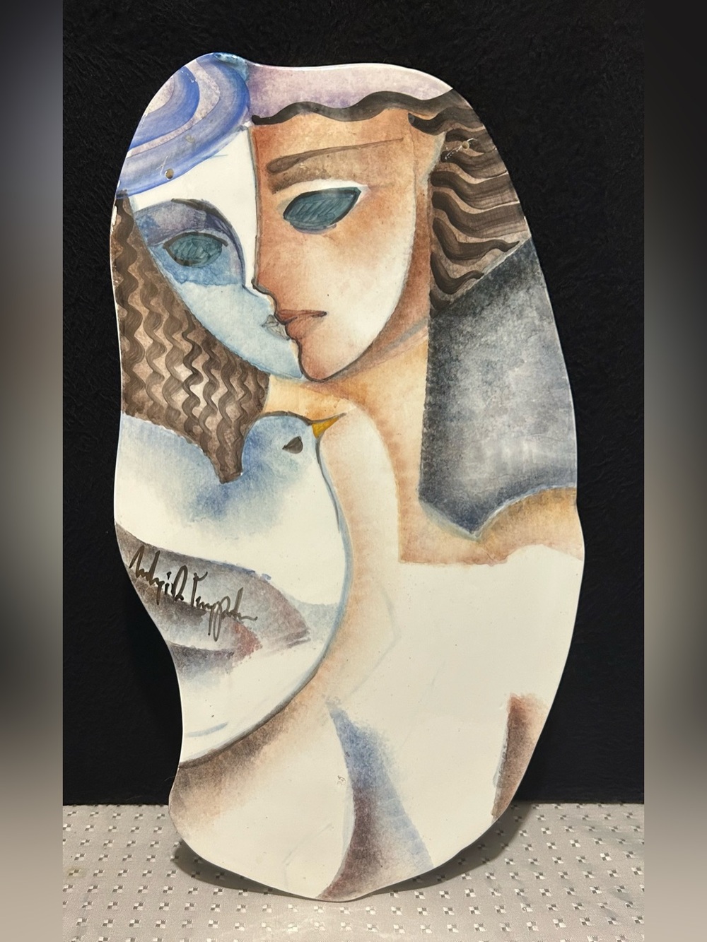 Artist Signed Abstract Woman/ Man With Dove Ceramic Plaque Wall Hanging